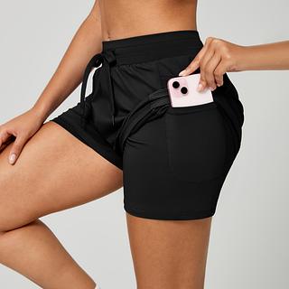 Short Duplo Com Bolso Lateral Corrida Cintura Alta Com Cordão Academia