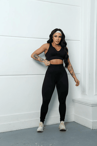 Conjunto de Calça e Top Nadador Poliamida Sem Empina Academia Cintura Alta Confortável Fitness