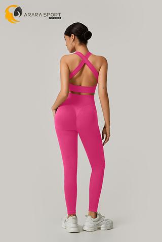 Conjunto Calça e Top Cruzado nas Costa Canelado Poliamida Academia com Empina Cintura Alta Fitness