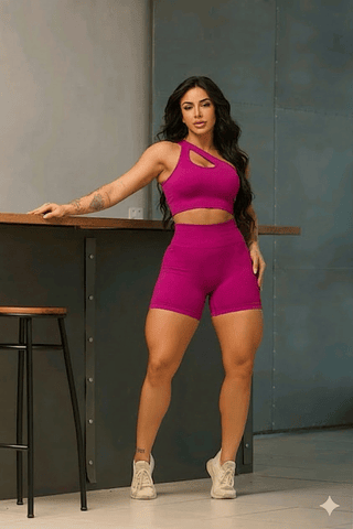 Conjunto de Short e Top Uma Alça Canelado Academia Cintura Alta Alça Ao Lado Fitness