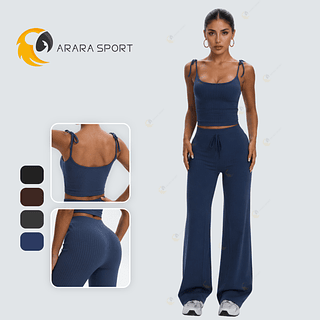 Conjunto de Calça Pantalona e Cropped De Alcinha Poliamida Premium Canelado Sem Empina Cintura Alta Academia Confortável