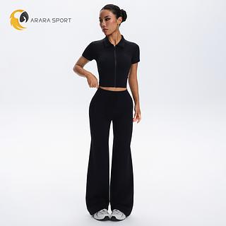 Conjunto de Calça Pantalona e Cropped com Manguinha e Zíper Poliamida Premium Canelado Sem Empina Cintura Alta Academia Confortável