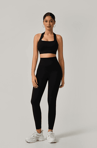 Conjunto Calça Com Top Nadador Poliamida Canelado Com Empina Academia Cintura Alta Fitness