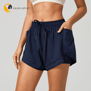 Short Duplo Com Bolso Lateral Cintura Alta Corrida Fitness Telinha Academia Com Cordão