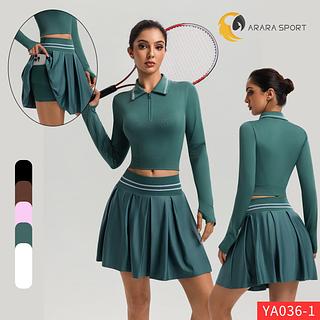 Conjunto de Short Saia Manga Longa Com Bolso Lateral e Zíper Poliamida Premium Zero Transparência Liso para Academia Com Dedeira